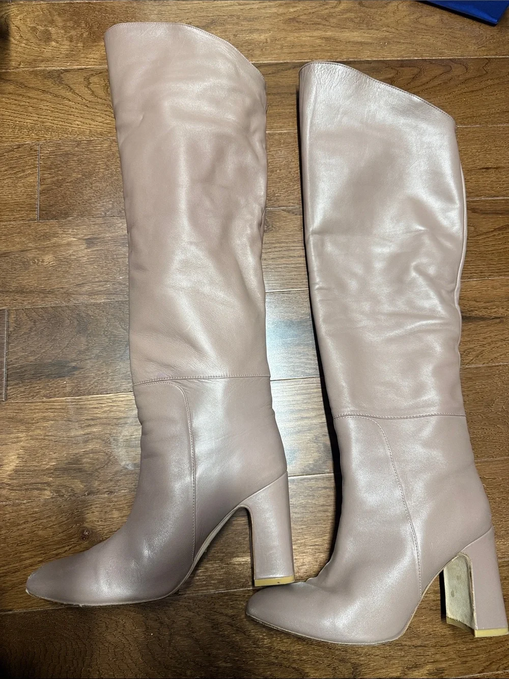 Stuart Weitzman Over-the-Knee Block Heel Boots in Taupe Brown